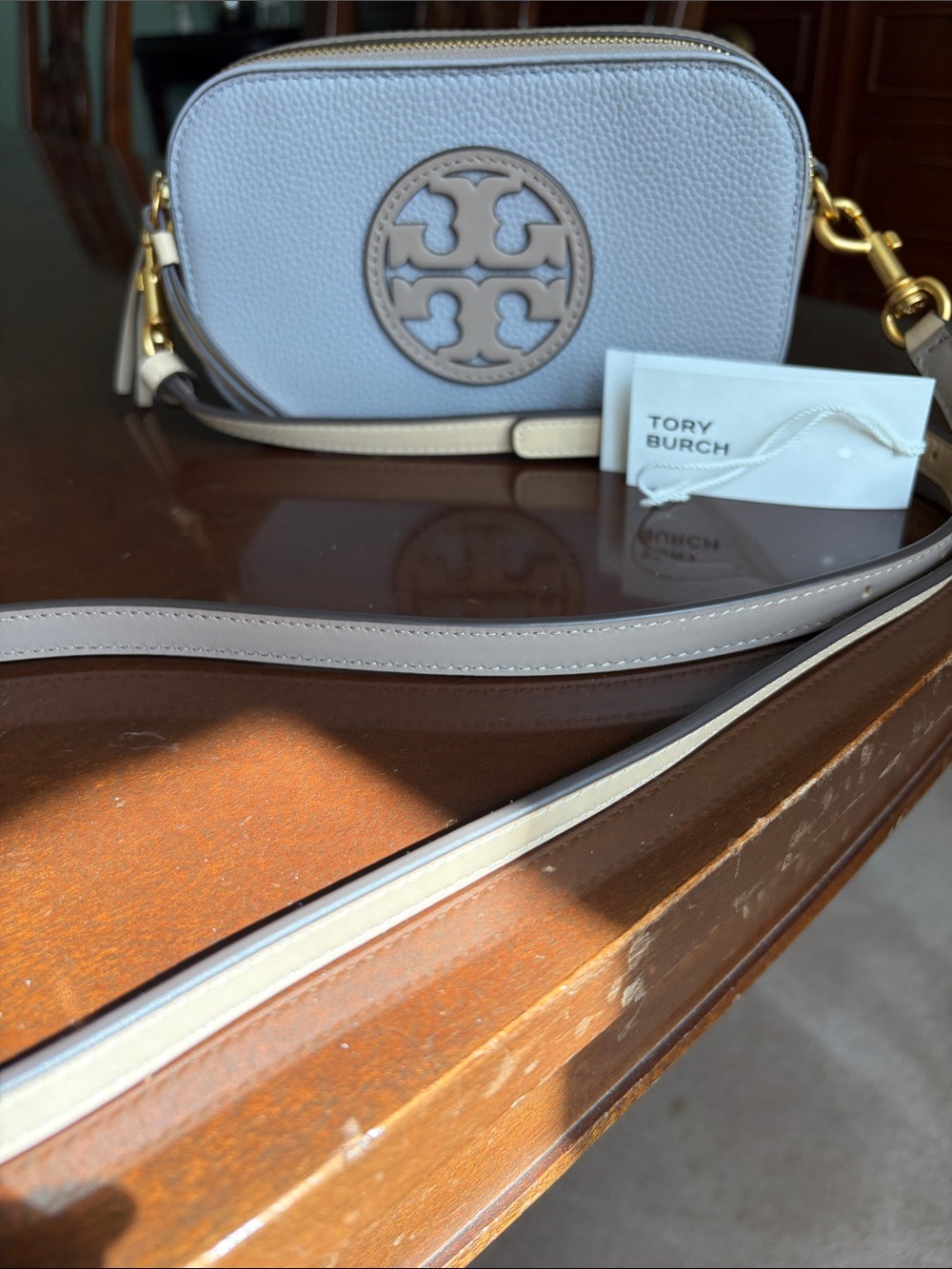 Tory Burch Gray Pebbled Leather Crossbody with Beige Trim